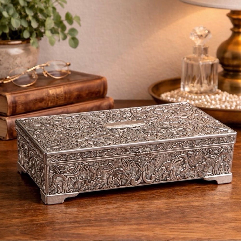 Godinger Jewelry Box Silver Plated Footed Chest Velvet Mirror Art Deco Gift VTG